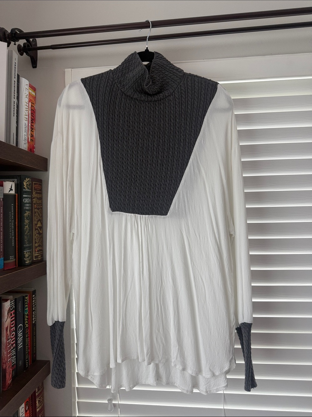 ZARA Women’s White Sweater Top with Charcoal Knit Yoke and Turtleneck